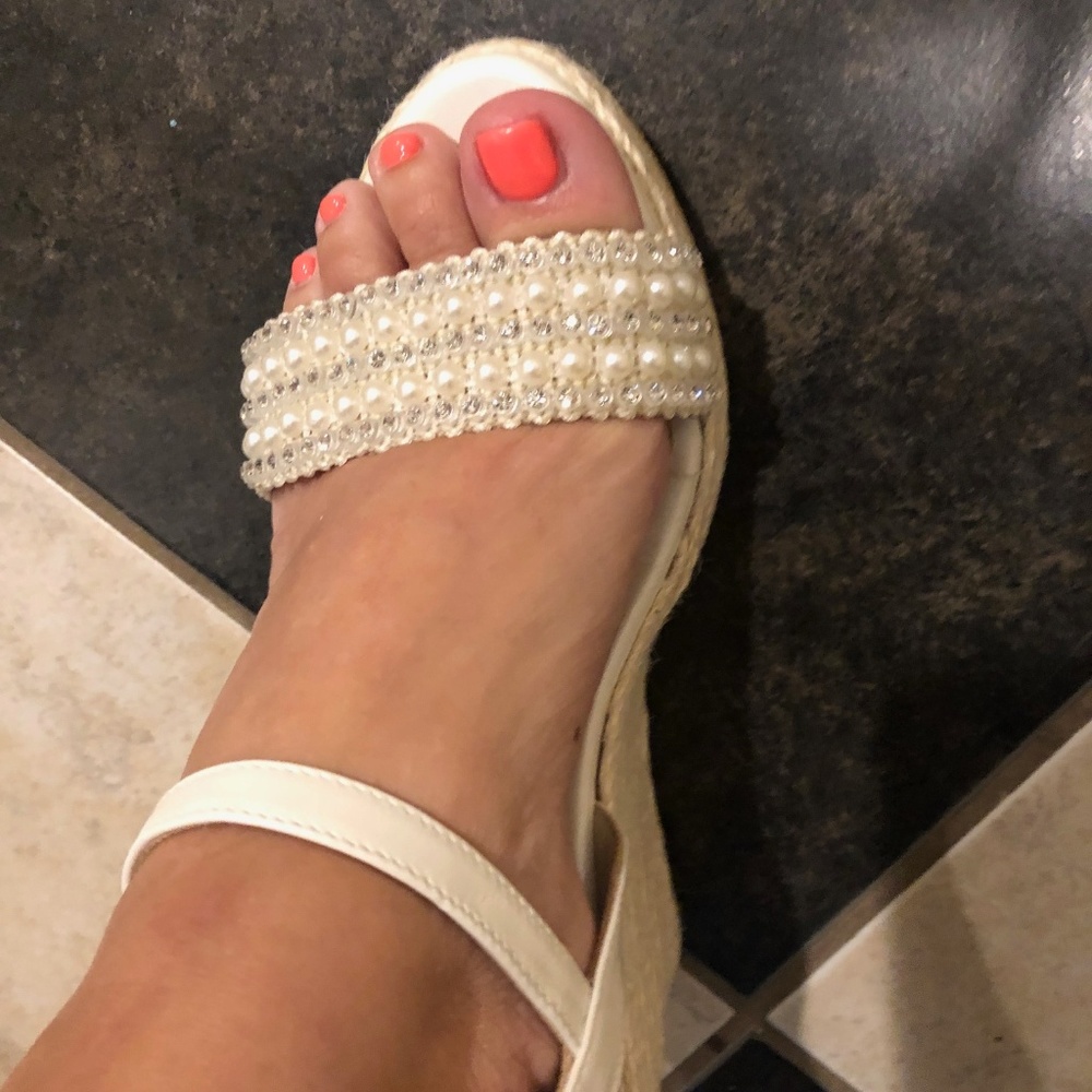 beautiful faux pearl and rhinestone wedge sandals